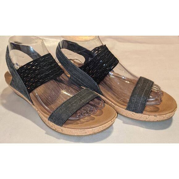 Skechers Womens Black Luxe Foam Brie Sandals Cork Wedge Denim Strap Casual Sz 7 - Picture 2 of 10